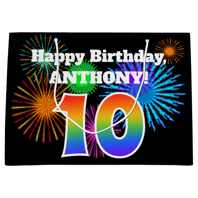 Sacola Para Presentes Grande Fireworks divertido + Rainbow Pattern "10" Anivers (Frente)