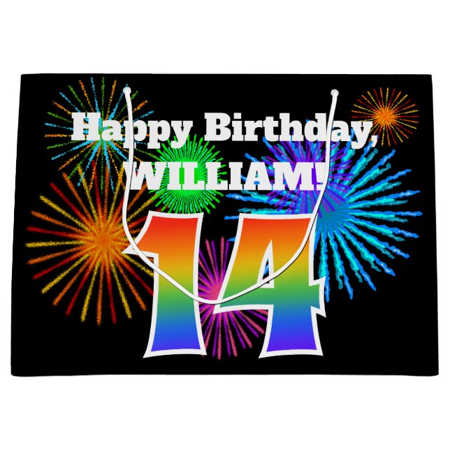 Sacola Para Presentes Grande Fireworks divertido + Rainbow Pattern "14" Anivers (Frente)