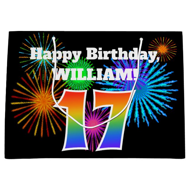 Sacola Para Presentes Grande Fireworks divertido + Rainbow Pattern "17" Anivers (Frente)