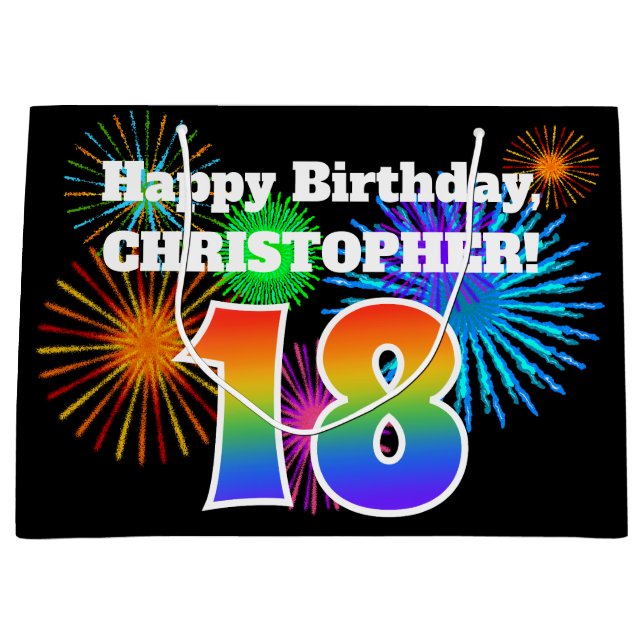 Sacola Para Presentes Grande Fireworks divertido + Rainbow Pattern "18" Anivers (Frente)