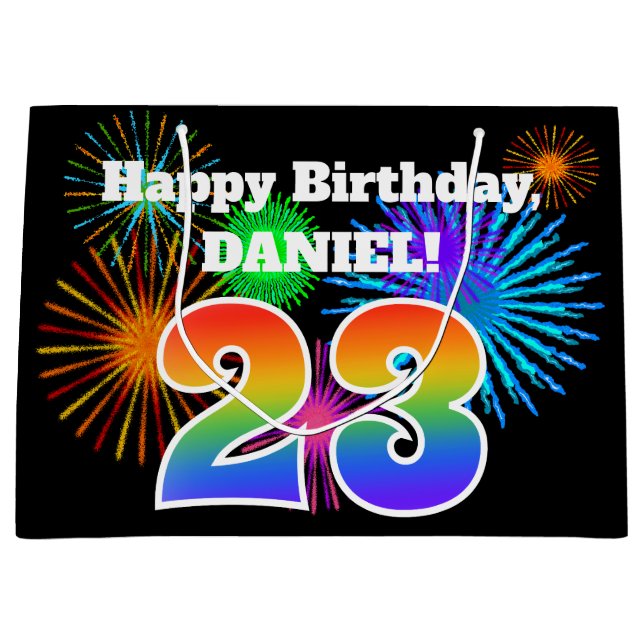 Sacola Para Presentes Grande Fireworks divertido + Rainbow Pattern "23" Anivers (Frente)
