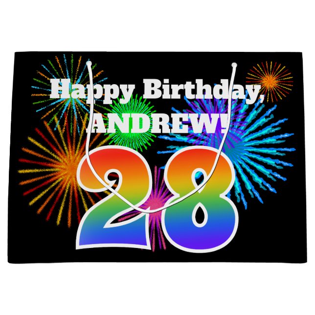 Sacola Para Presentes Grande Fireworks divertido + Rainbow Pattern "28" Anivers (Frente)