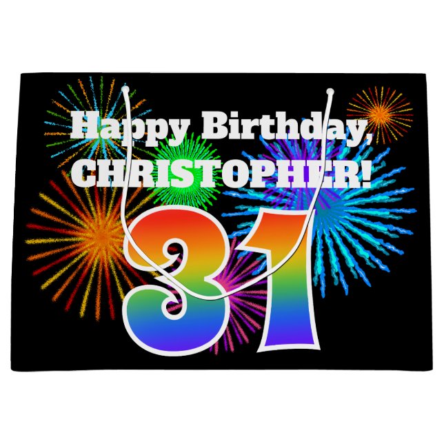 Sacola Para Presentes Grande Fireworks divertido + Rainbow Pattern "31" Anivers (Frente)
