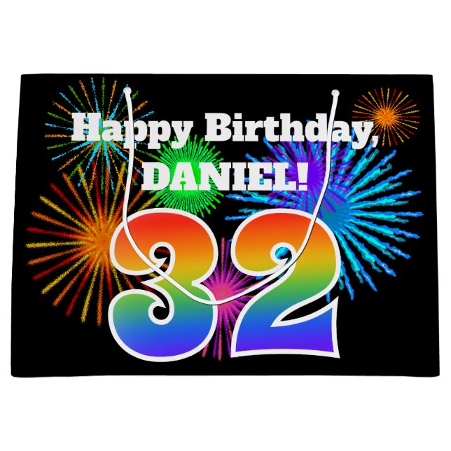Sacola Para Presentes Grande Fireworks divertido + Rainbow Pattern "32" Anivers (Frente)