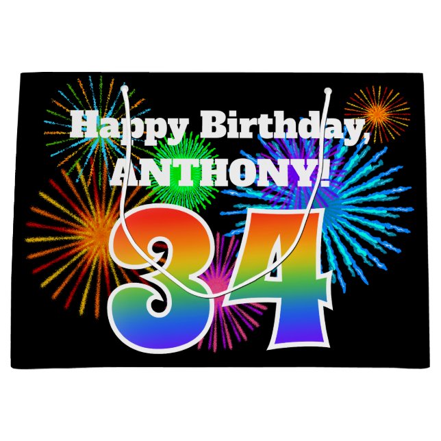 Sacola Para Presentes Grande Fireworks divertido + Rainbow Pattern "34" Anivers (Frente)