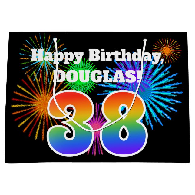 Sacola Para Presentes Grande Fireworks divertido + Rainbow Pattern "38" Anivers (Frente)