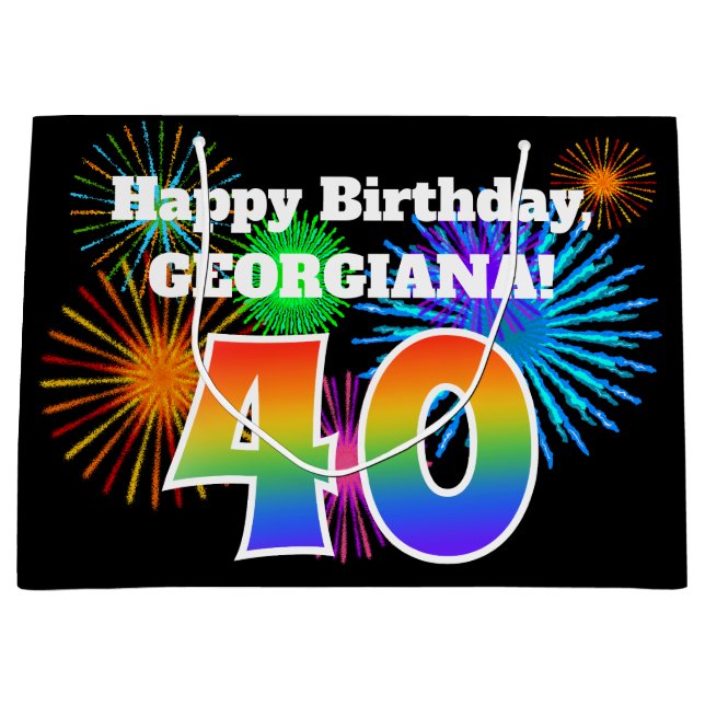 Sacola Para Presentes Grande Fireworks divertido + Rainbow Pattern "40" Anivers (Frente)