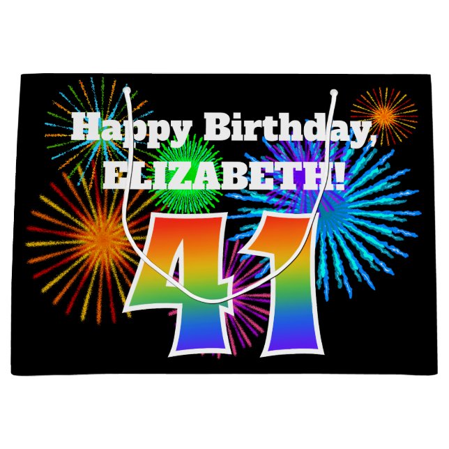 Sacola Para Presentes Grande Fireworks divertido + Rainbow Pattern "41" Anivers (Frente)