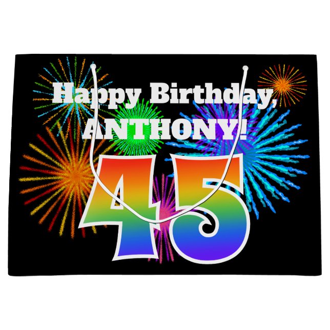 Sacola Para Presentes Grande Fireworks divertido + Rainbow Pattern "45" Anivers (Frente)