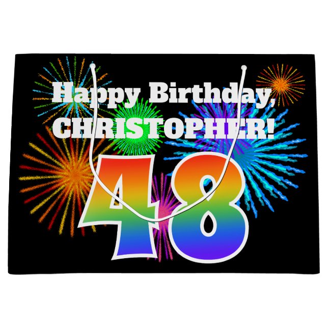 Sacola Para Presentes Grande Fireworks divertido + Rainbow Pattern "48" Anivers (Frente)