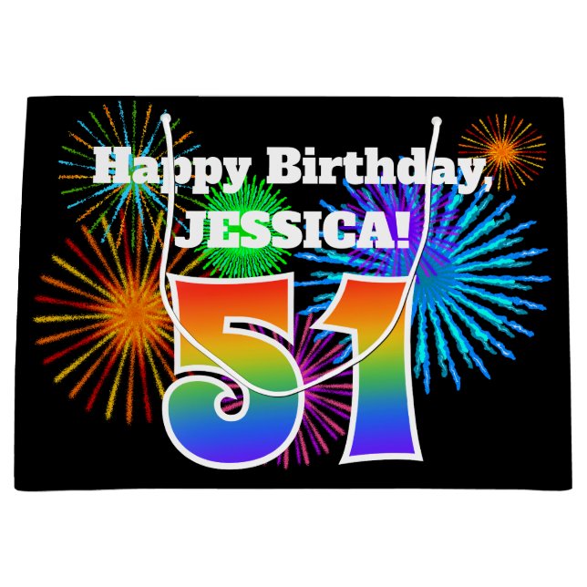 Sacola Para Presentes Grande Fireworks divertido + Rainbow Pattern "51" Anivers (Frente)