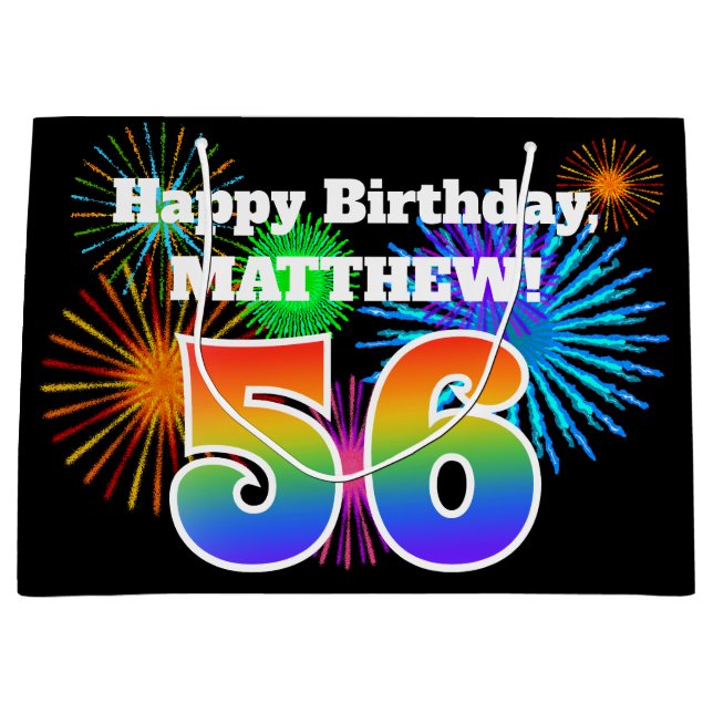 Sacola Para Presentes Grande Fireworks divertido + Rainbow Pattern "56" Anivers (Frente)