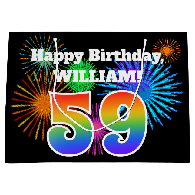 Sacola Para Presentes Grande Fireworks divertido + Rainbow Pattern "59" Anivers (Frente)