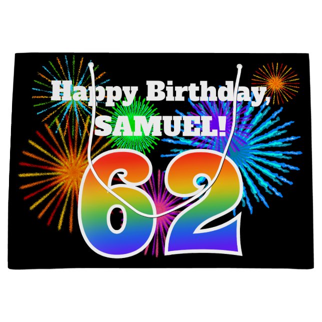 Sacola Para Presentes Grande Fireworks divertido + Rainbow Pattern "62" Anivers (Frente)