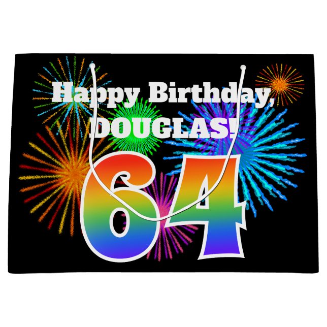 Sacola Para Presentes Grande Fireworks divertido + Rainbow Pattern "64" Anivers (Frente)