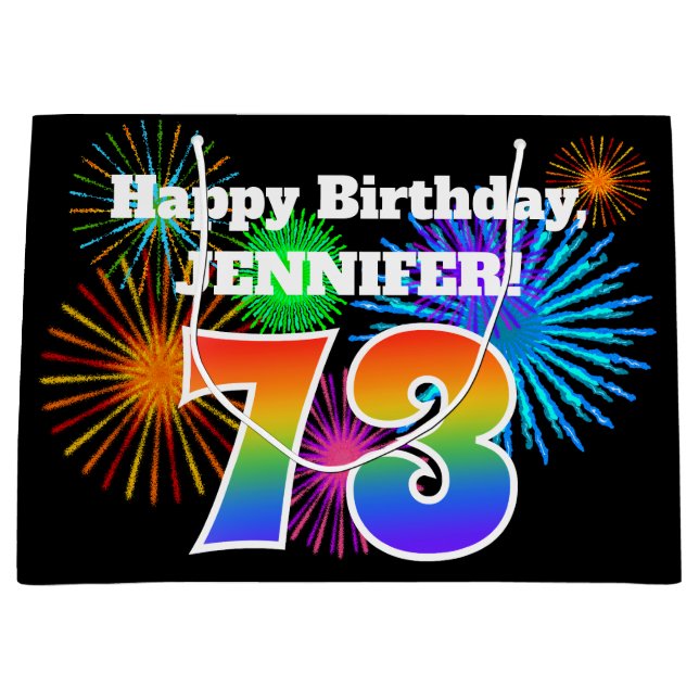 Sacola Para Presentes Grande Fireworks divertido + Rainbow Pattern "73" Anivers (Frente)