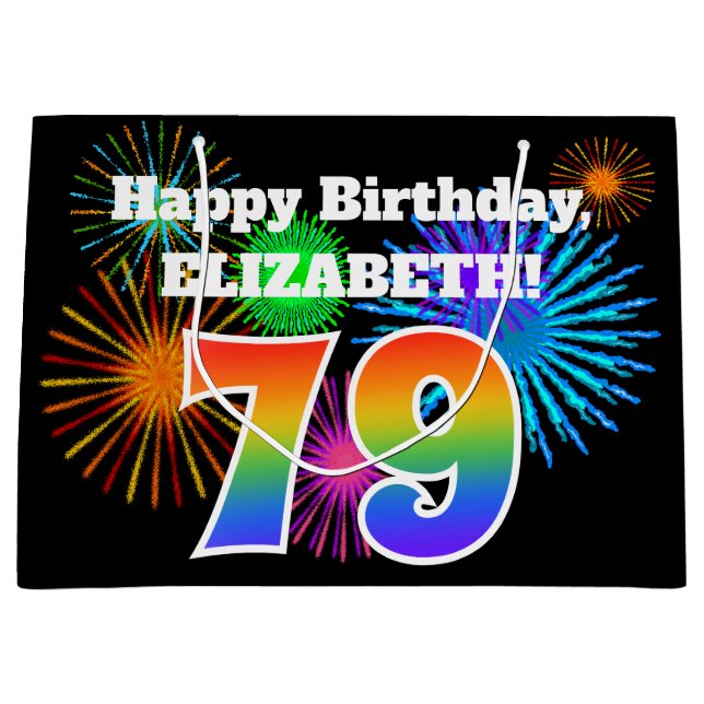 Sacola Para Presentes Grande Fireworks divertido + Rainbow Pattern "79" Anivers (Frente)