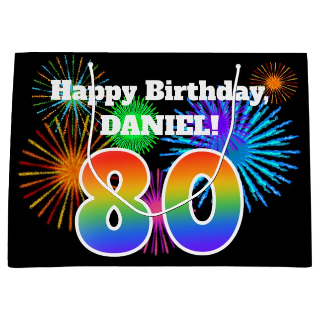 Sacola Para Presentes Grande Fireworks divertido + Rainbow Pattern "80" Anivers (Frente)