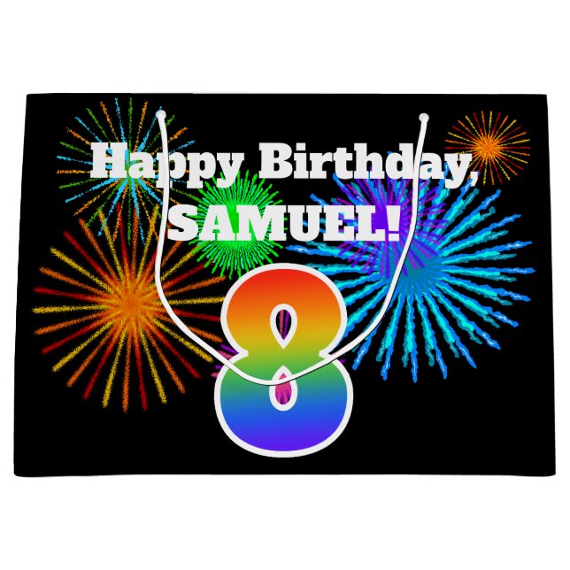 Sacola Para Presentes Grande Fireworks divertido + Rainbow Patterno "8" Anivers (Frente)