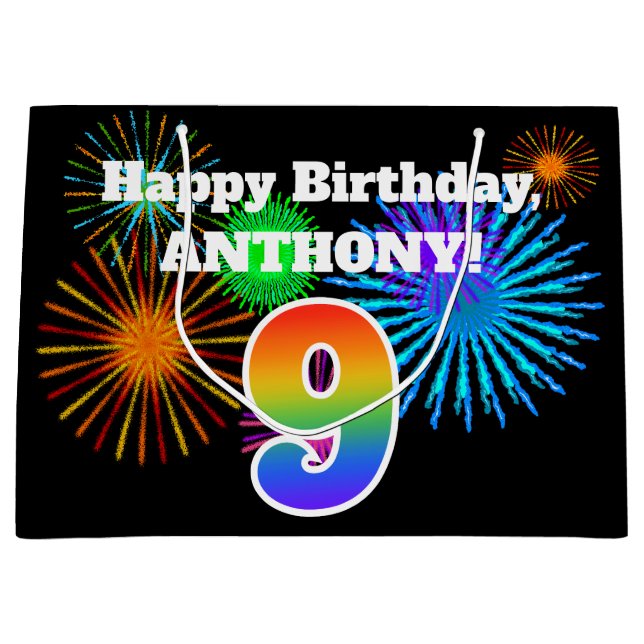 Sacola Para Presentes Grande Fireworks divertido + Rainbow Patterno "9" Anivers (Frente)