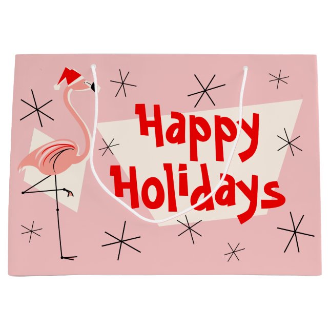 Sacola Para Presentes Grande Flamingo Papais noeis Rosa Felizes Férias Felizes  (Frente)