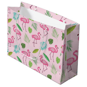 Sacola Para Presentes Grande Flamingo rosa com padrão de folhas tropicais
