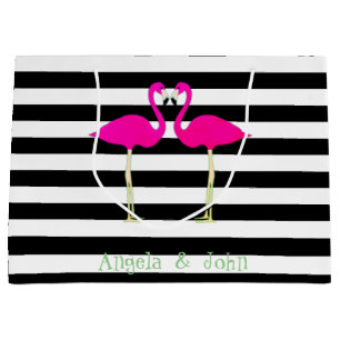 Sacola Para Presentes Grande Flamingos Cor-de-Rosa,Stripes Brancas Pretas,Perso