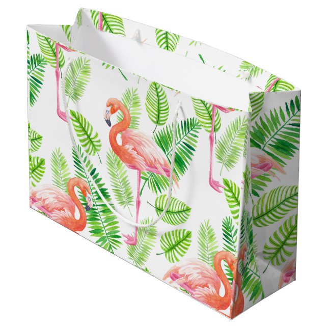 Sacola Para Presentes Grande Flamingos e folhas tropicais (Verso inclinado)