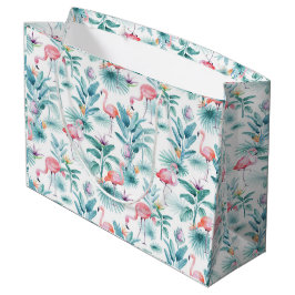 Sacola Para Presentes Grande Flamingos rosa padrão de folhas tropicais