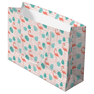 SACOLA PARA PRESENTES GRANDE FLAMINGOS ROSAS E FOLHAS TROPICAIS VERDES