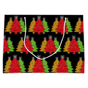 Sacola Para Presentes Grande Floco de neve de árvore de Natal, verde-de-ouro es