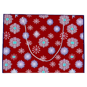 Sacola Para Presentes Grande Flocos de Neve Antigos sobre o Vermelho