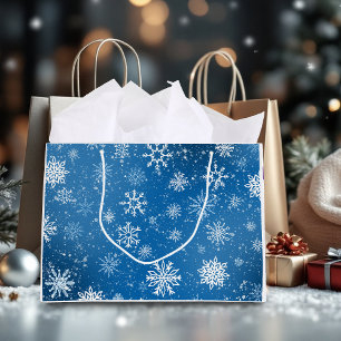 Sacola Para Presentes Grande Flocos de neve brancos Azul de apphire