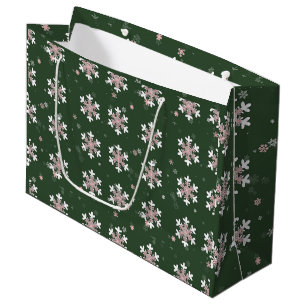 Sacola Para Presentes Grande Flocos de Neve Brancos Rosa Verde
