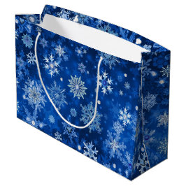 Sacola Para Presentes Grande Flocos de neve de Natal Azul e Prata Grande Saco