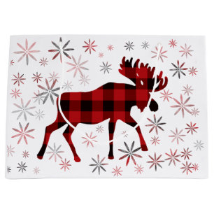 Sacola Para Presentes Grande Flocos de neve de xadrezes vermelhas da Moose Nata