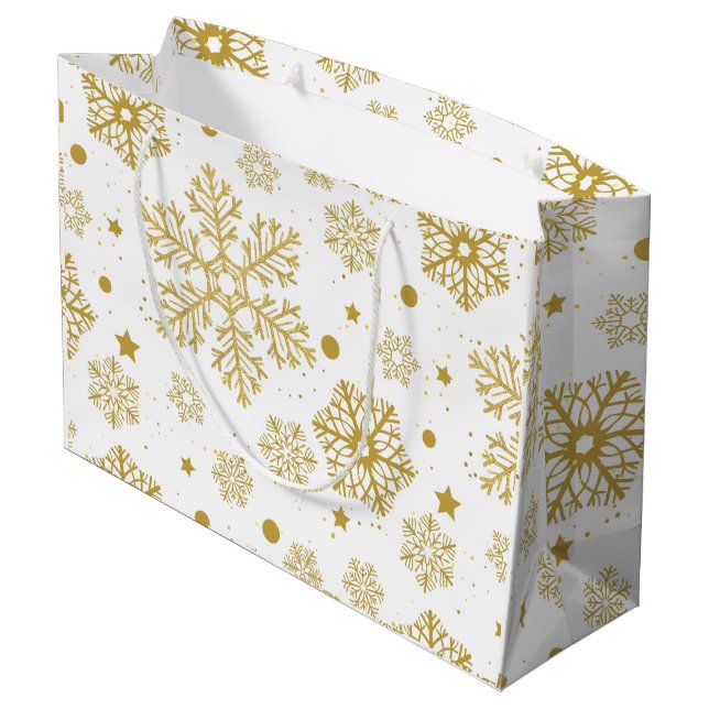 Sacola Para Presentes Grande Flocos de neve ouro (Verso inclinado)