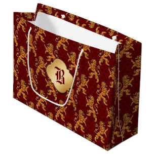 Sacola Para Presentes Grande Flor de lis Dourado medieval do vermelho do leão