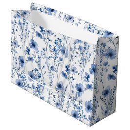 Sacola Para Presentes Grande Flor Floral Aquática Azul Branca