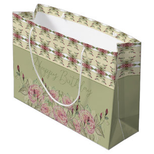 Sacola Para Presentes Grande Flor Rosa Elegante Com Verde