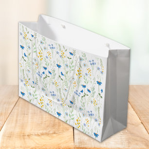 Sacola Para Presentes Grande Flor Silvestre Aquarela Azul