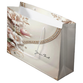 Sacola Para Presentes Grande Floral and Pearl Embellishments Gift Bag