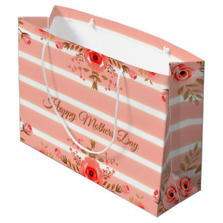 Sacola Para Presentes Grande Floral And Stripe Mothers Day Elegant