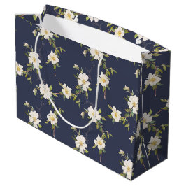 Sacola Para Presentes Grande Floral Branco Azul marinho