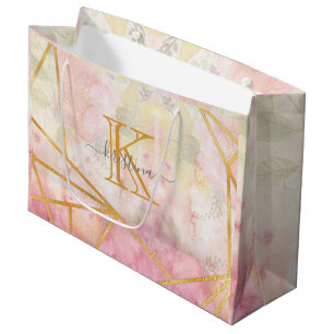 Sacola Para Presentes Grande Floral de Brilho Dourado Rosa Brilhante Brilhante