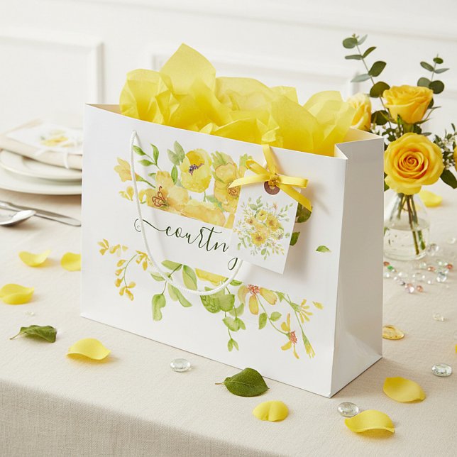 Sacola Para Presentes Grande Floral de cor d'água amarela personalizado (Criador carregado)