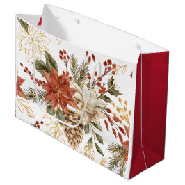 Sacola Para Presentes Grande Floral de Natal Dourado Vermelho