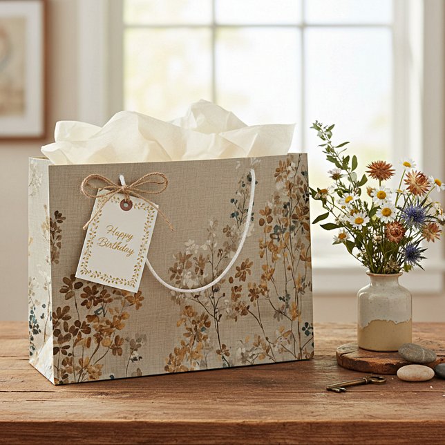 Sacola Para Presentes Grande floral de prado âmbar (Criador carregado)