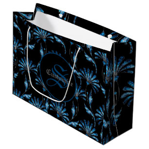 Sacola Para Presentes Grande Floral de Shimmer Azul Monograma