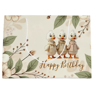Sacola Para Presentes Grande Floral E Patos Elegantes E Brancos